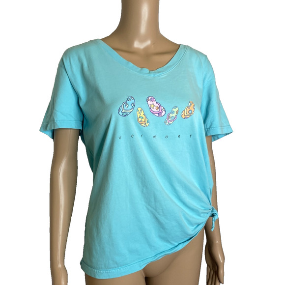 Women's Large Fresh Produce Vermont Flip Flop Cotton V-Neck Blue T-Shirt - Picture 2 of 4